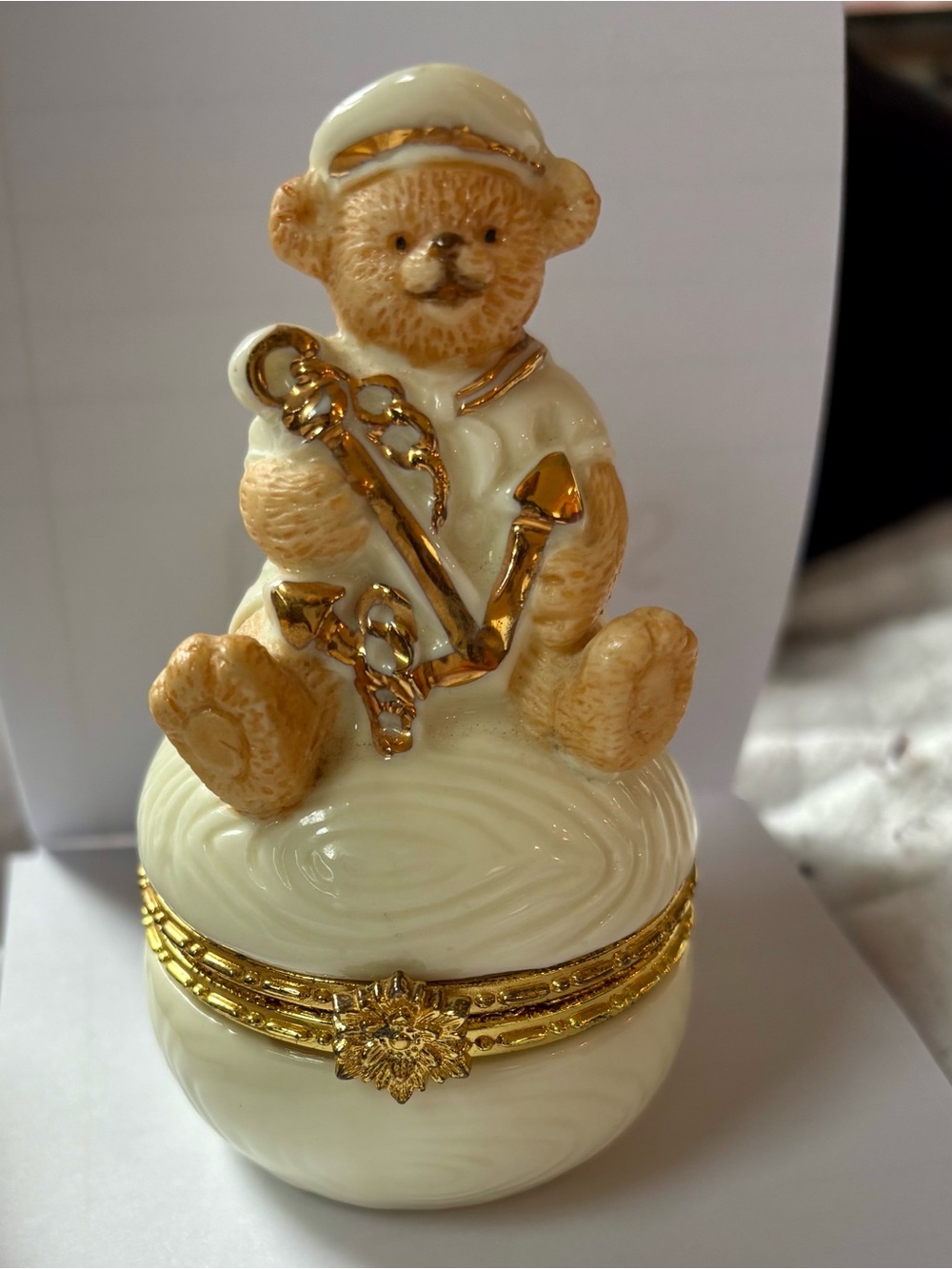 Vintage Stamped Baum Bros.Nautical Teddy Bear Trinket Box